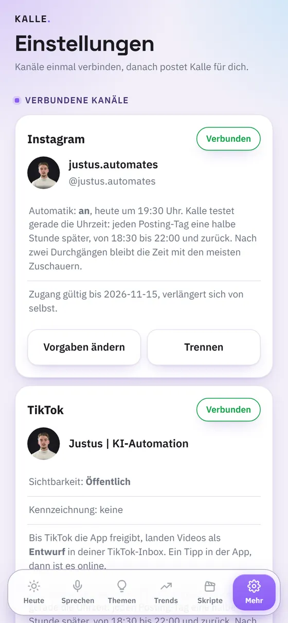 Kalle-Bildschirm Einstellungen mit verbundenem Instagram- und TikTok-Konto und eingeschalteter Automatik