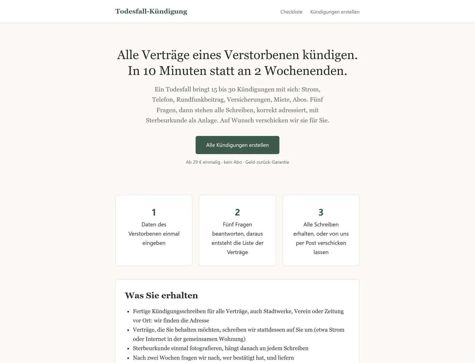 Startseite von Todesfall-Kündigung mit der Überschrift Alle Verträge eines Verstorbenen kündigen